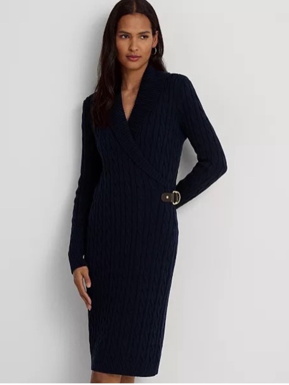 Lauren Ralph Lauren Black Cable Knit Shawl Collar Sweater Dress Size S
